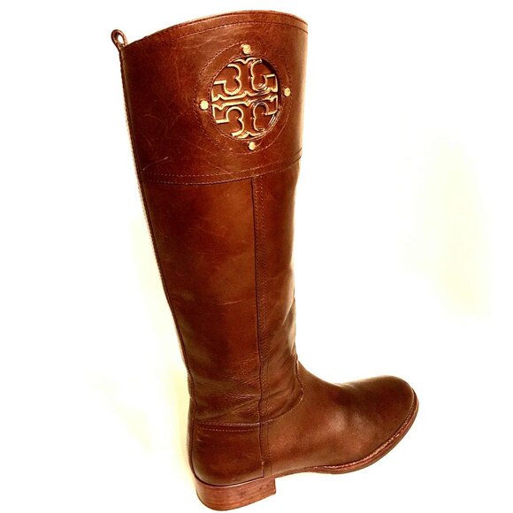 TORY BURCH Kiernan Leather Riding Boot Saddle Brown Gold Metal Logo 8.5 MSRP$450 - Picture 3 of 9